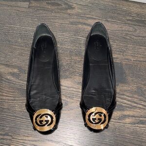 Gucci GG Buckle Patent Leather Ballerina Flat-296090-Authentic-EUC